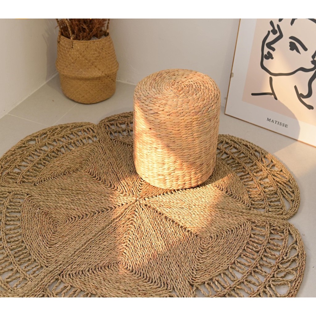 Thảm cói, thảm cói tròn bong hoa decor, trang trí chụp ảnh trải sản xuất khẩu HungPhuc size 1m2