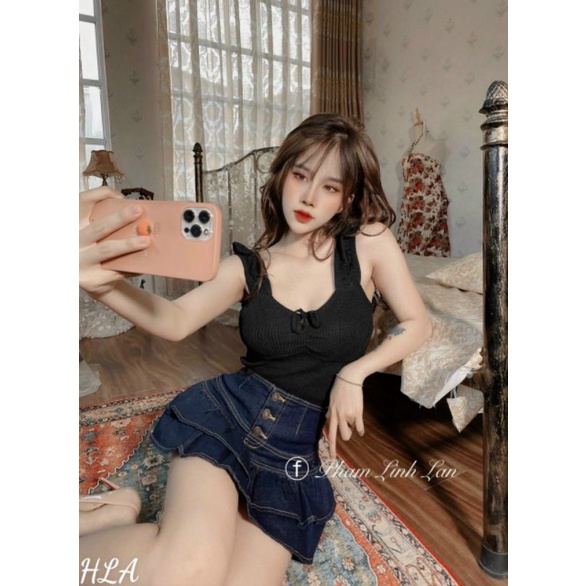Chân váy jean khuy giữa bèo tầng hàng QCL1
