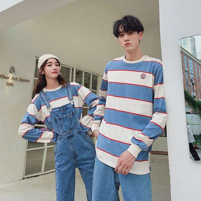 Áo dài tay in họa tiết kẻ sọc thời trang Hàn Quốc cá tính cho nam và nữ | BigBuy360 - bigbuy360.vn