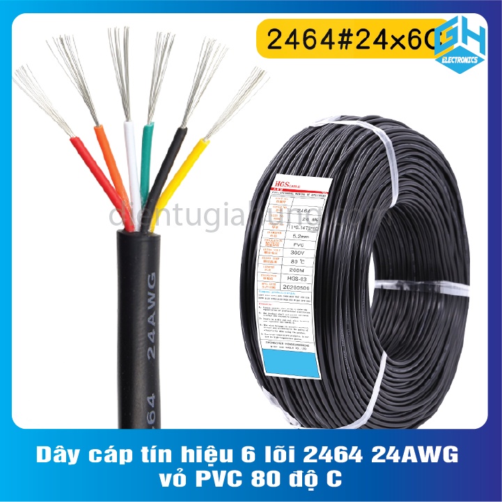 Dây cáp tín hiệu 6 lõi 2464 24AWG 0.2mm2 vỏ PVC 80 độ C(1 mét)