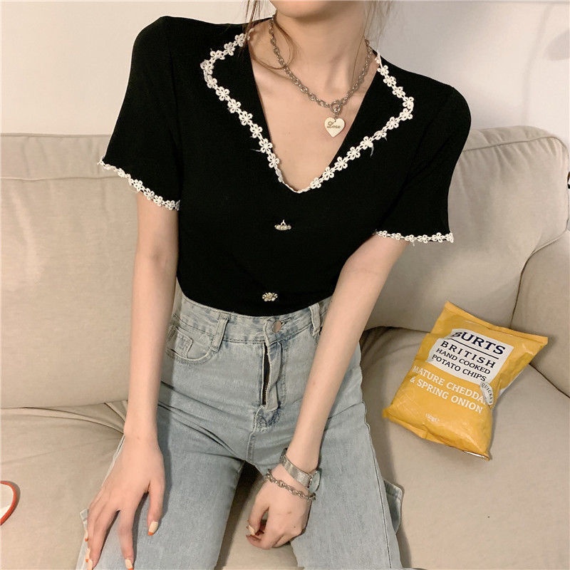 Áo Thun Dệt Kim Tay Ngắn Cổ Chữ V Màu Đen Phong Cách Pháp Thời Trang Mùa Hè Quyến Rũ Cho Nữ