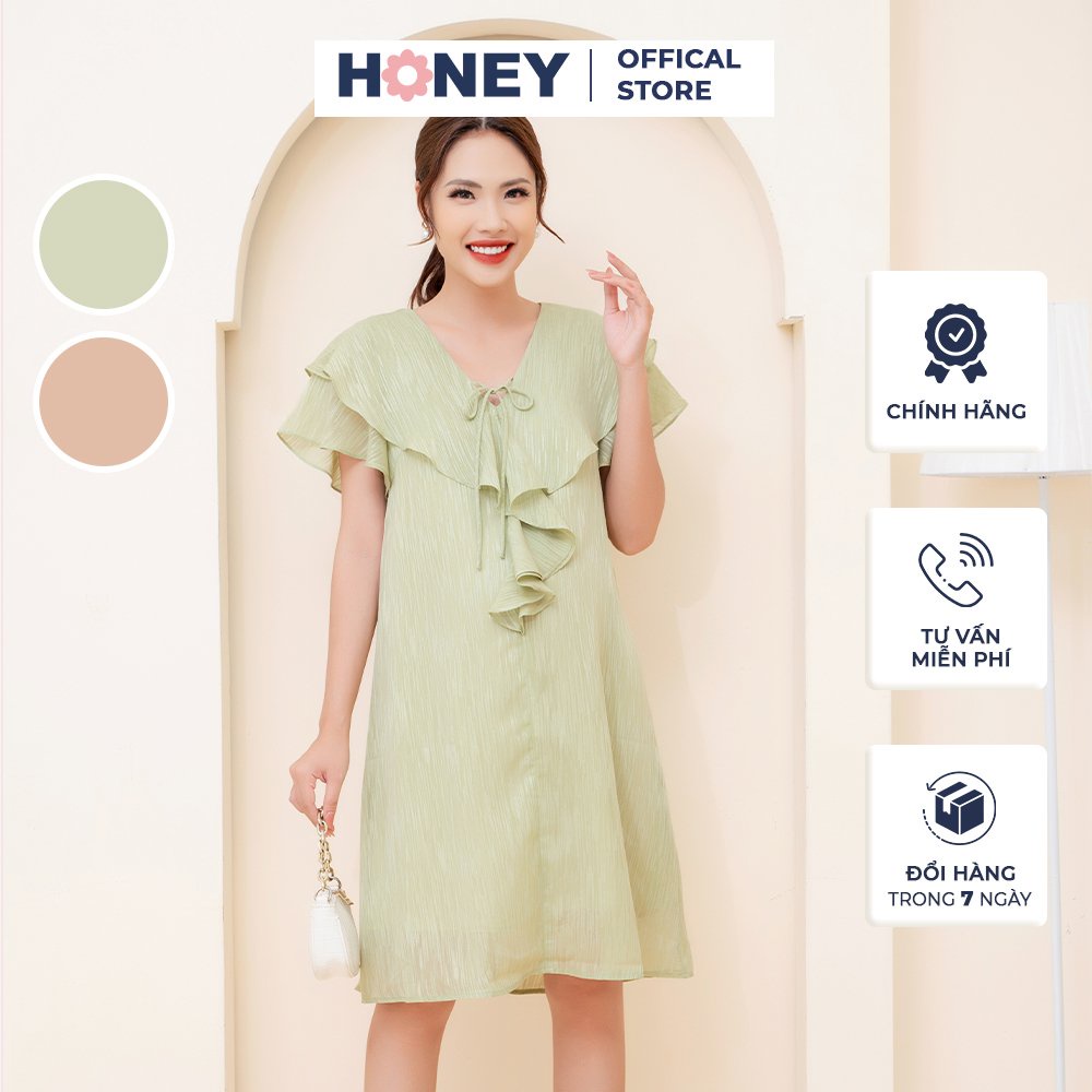 Váy bầu công sở kiểu dáng xuông, cổ bèo, chất tơ gân xước 2 lớp - Thời trang đầm bầu cao cấp HONEY