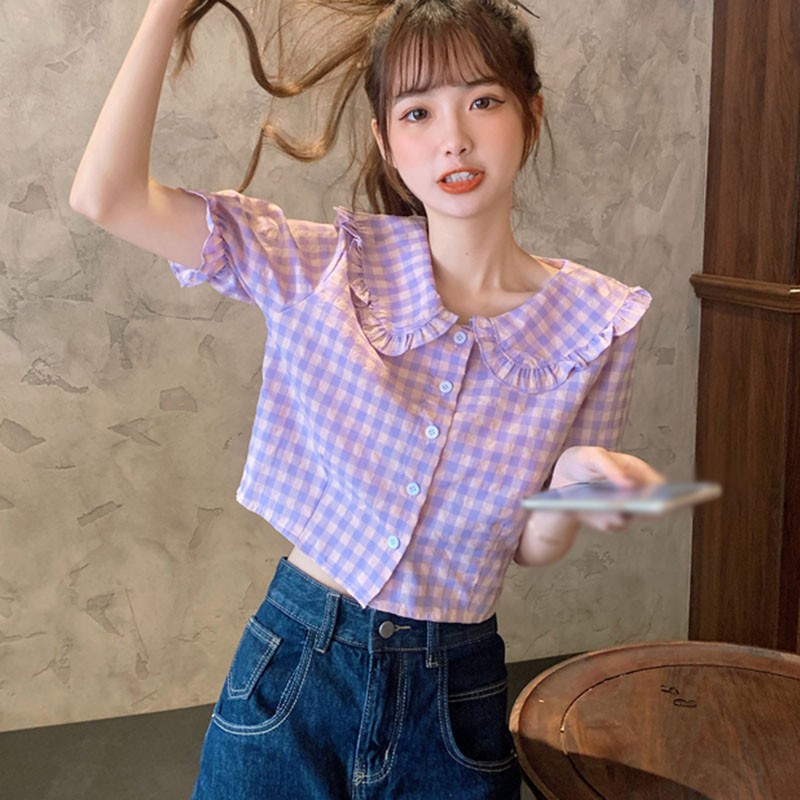 Áo Sơ Mi Ngắn Tay Ca Rô Ca Rô Cổ Búp Bê Đáng Yêu Cho Nữ