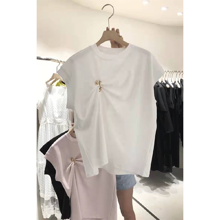 South Korea East Gate 2022 spring and summer new color round neck loose pleated metal decorative short-sleeved T-shirt women's top