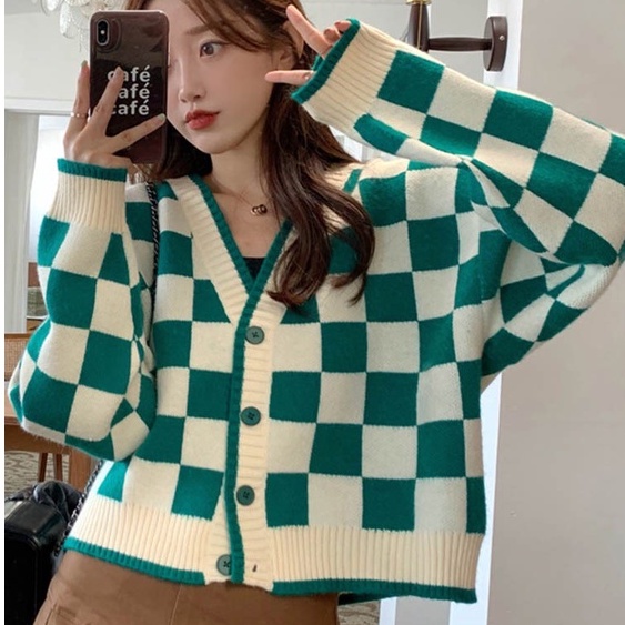 Áo khoác len áo cardigan len sọc caro xanh dáng croptop phong cách trẻ trung cá tính PANOSI - A665