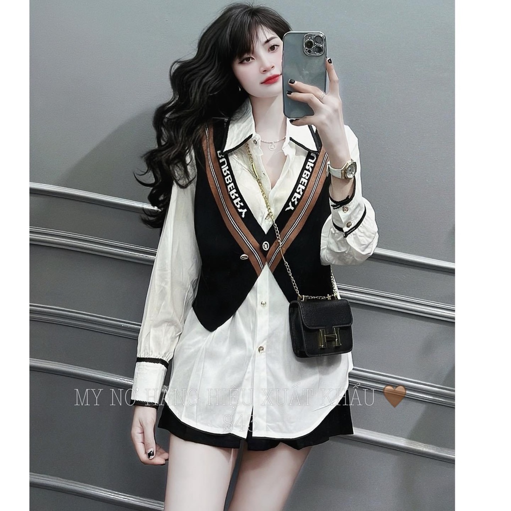 SET ÁO GHILE SƠ MI TRẮNG VIỀN TAY BO LEN PHỐI MÀU SIÊU SANG CHẢNH