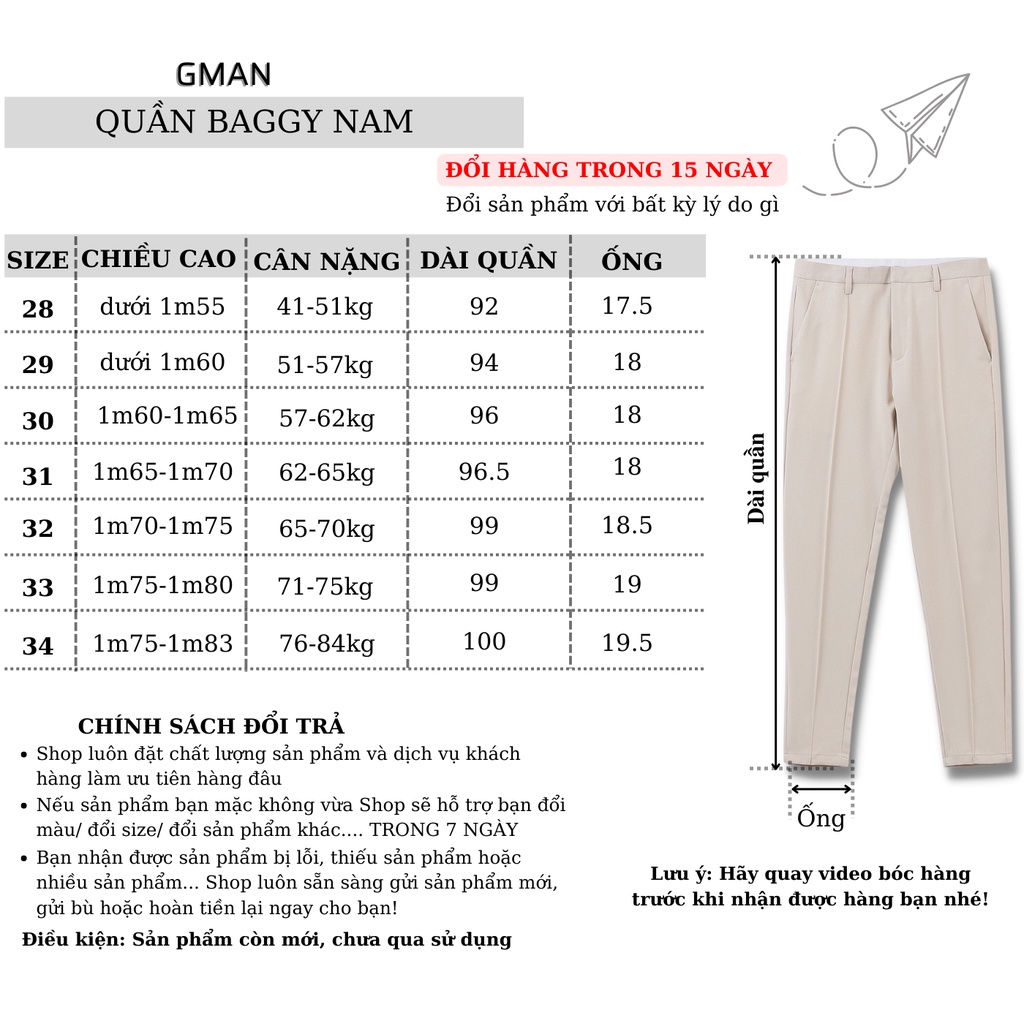 Quần baggy nam ống rộng Gman chất vải tuyết mưa cao cấp, Quần âu nam co giãn 4 chiều không nhăn không xù (BGA)