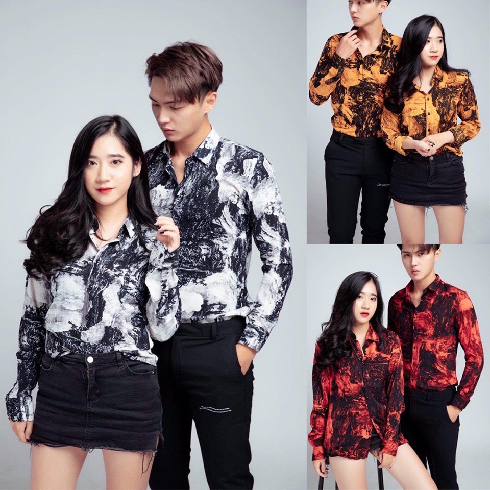 Áo Sơ Mi Đôi Nam Nữ Hoạ Tiết Loang vải mềm mịn chuẩn shop