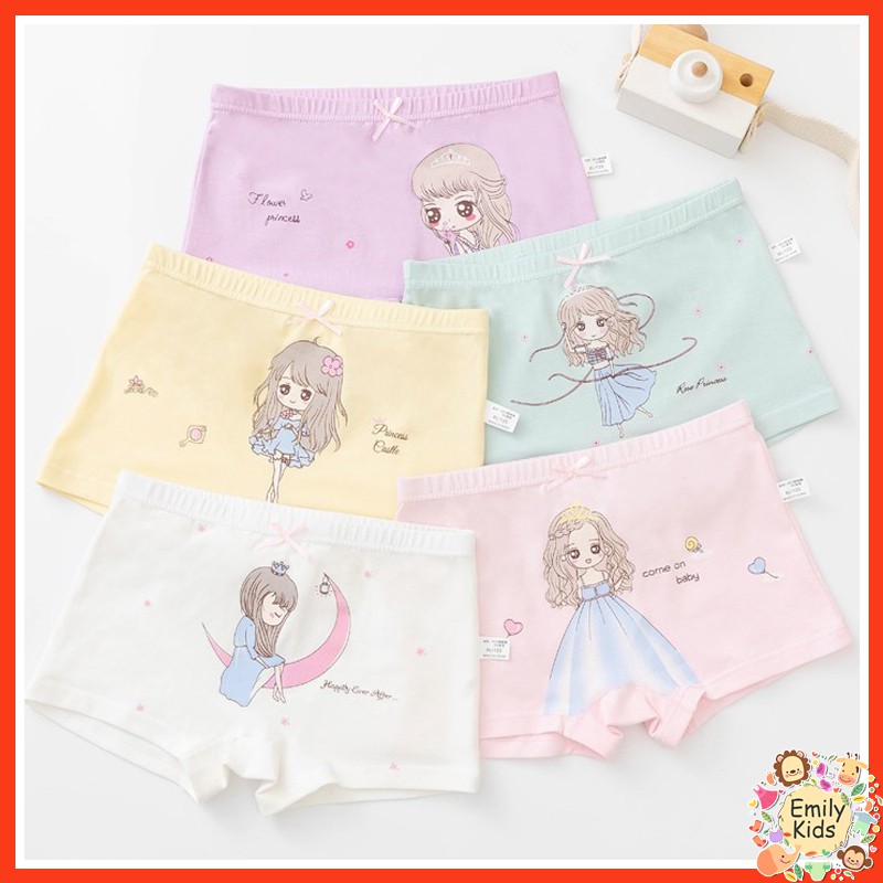 Quần Lót Boxer Cotton Trơn Thoáng Khí Kháng Khuẩn Thoải Mái In Họa Tiết Công Chúa Cho Bé Gái 3-12 Tuổi
