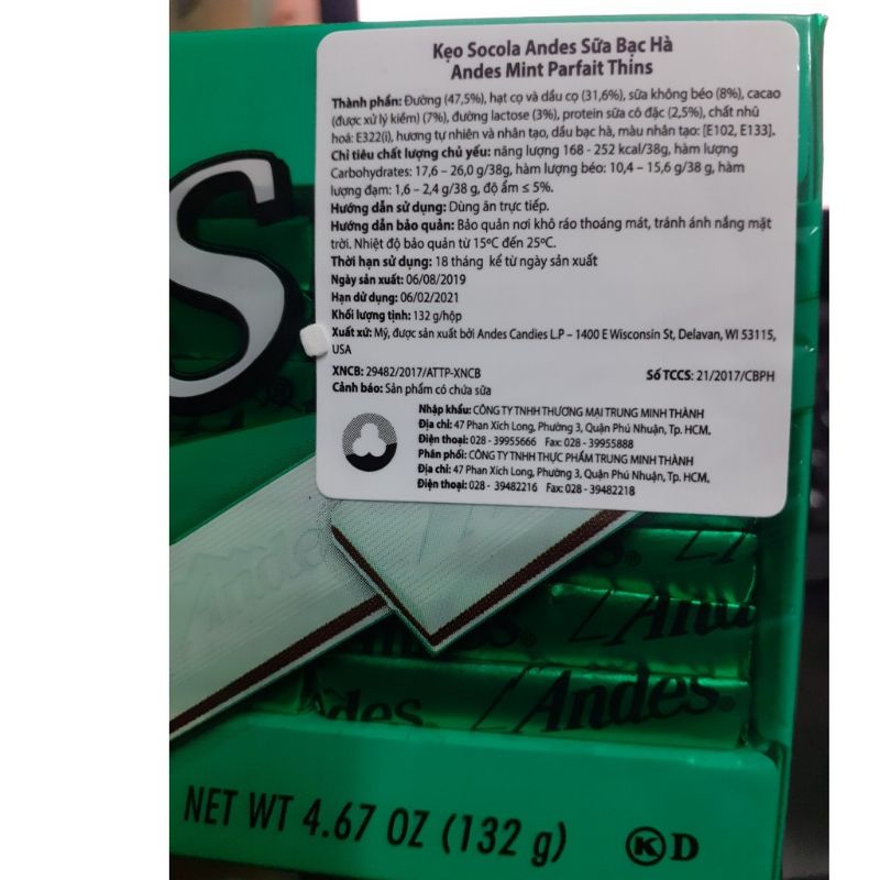 Socola sữa bạc hà mỹ 132g