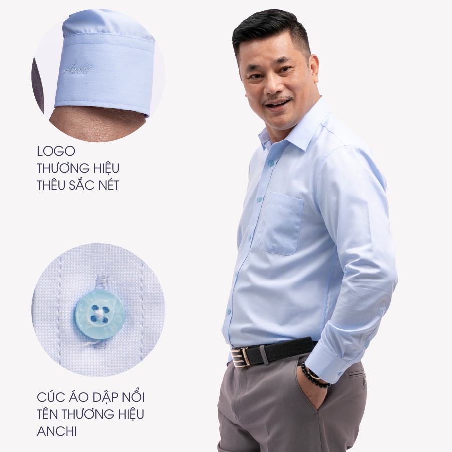 Áo Sơ Mi Nam Dài Tay Trung Niên ANCHI Màu Xanh Nhạt Trơn Vải Sợi Tre Cao Cấp