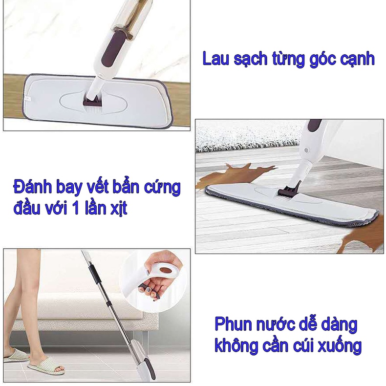 Cây chổi lau nhà thông minh phun sương aurora inox xoay 360 độ dài 125cm MUNTECH CL02