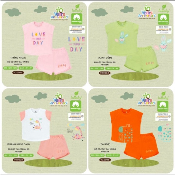Bộ cộc tay Lullaby vải Cotton 100% cao cấp thoáng mát thấm hút mồ hôi tốt cho bé gái NH303M