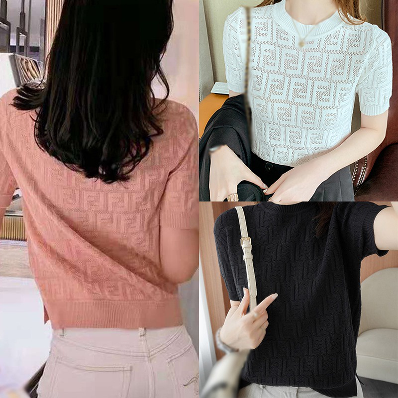 Áo Dệt Kim Tay Ngắn Màu Sắc Đơn Giản Cho Phái Nữ