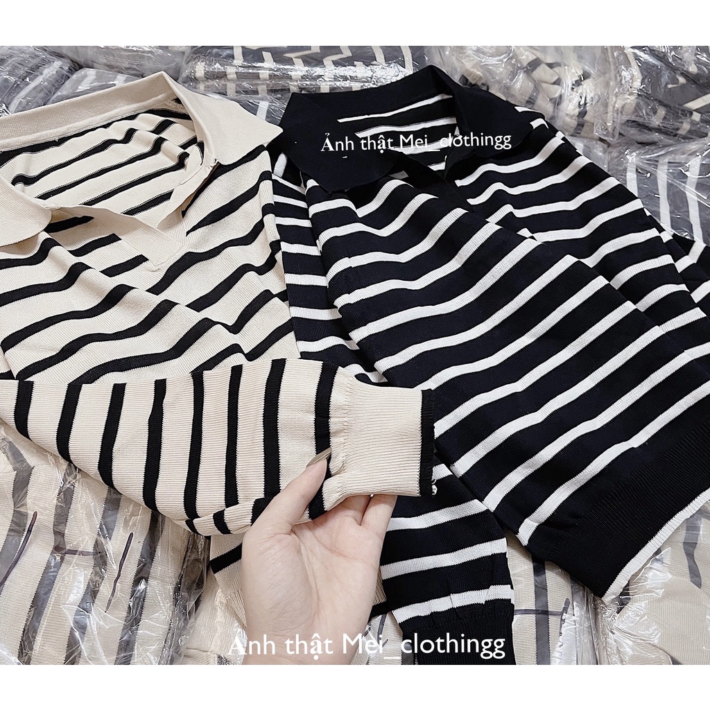 [Ảnh thật/video] Áo len tăm nữ dài tay/ Áo polo kẻ sọc ulzzang | BigBuy360 - bigbuy360.vn