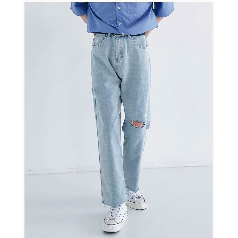 Quần Baggy Jean rách xanh nhạt ống suông