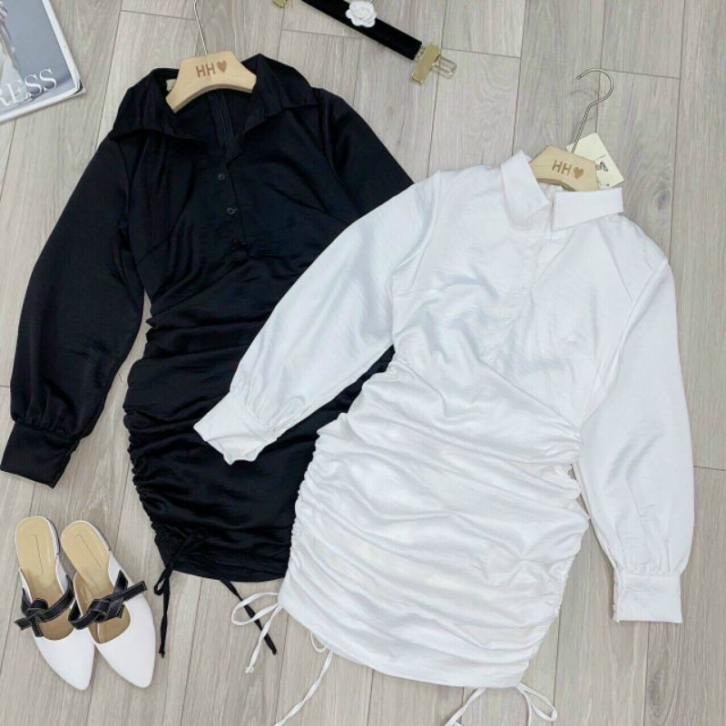 Đầm body cổ sơ mi tay dài nhún hai bên hông sang chảnh | BigBuy360 - bigbuy360.vn