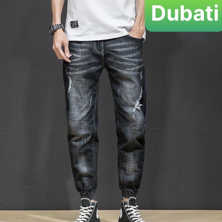 Quần Jogger Jeans Nam Màu Đen Wash Xước Bó Gấu Co Giãn Thoải Mái- DB 0535- DUBATI FASHION