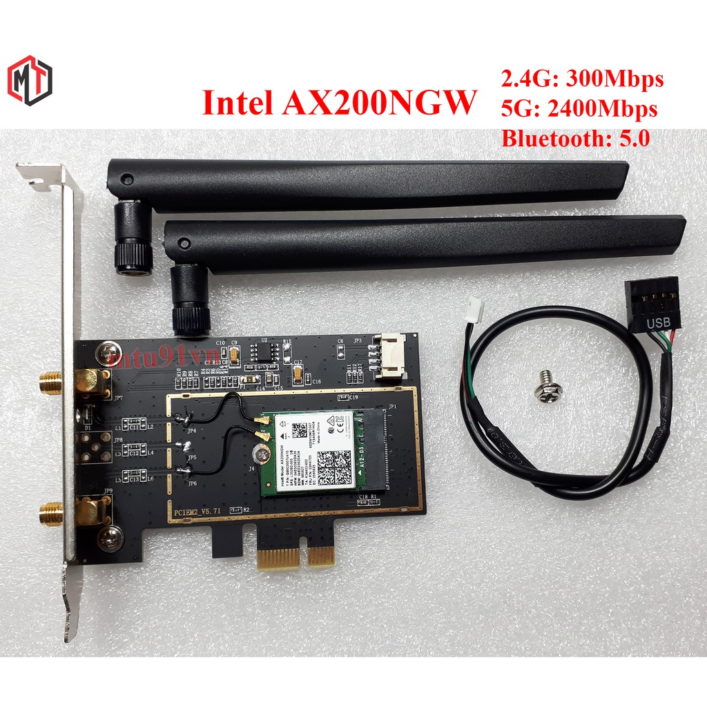 Card WiFi Intel AX200 802.11ax (2400Mbps) Wi-Fi 6, Bluetooth 5.0 khe PCIe-1x cho Máy Bàn - PC