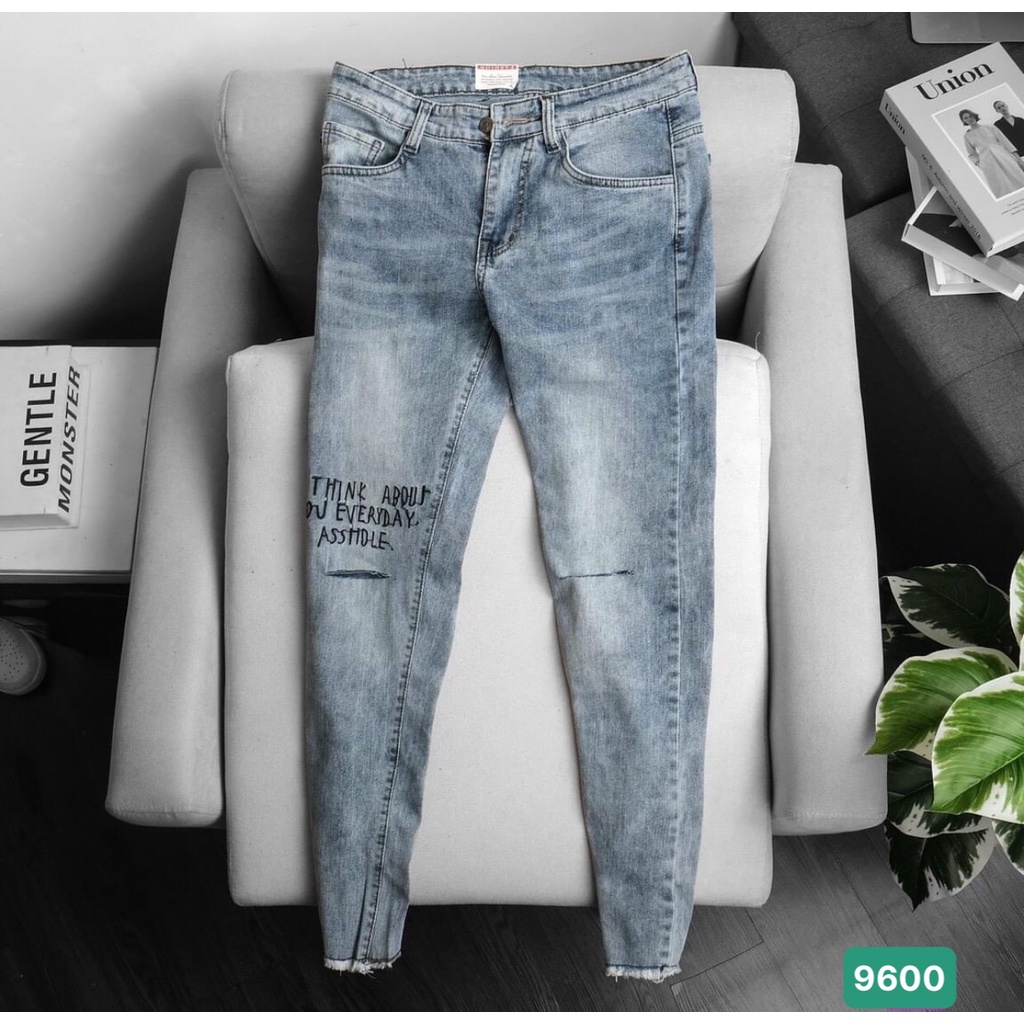 Quần Jeans Nam Chất Bò Rin Cao Cấp Xám Xanh Rách Gối Co Giãn Ống Côn Dáng Ôm Basic T134