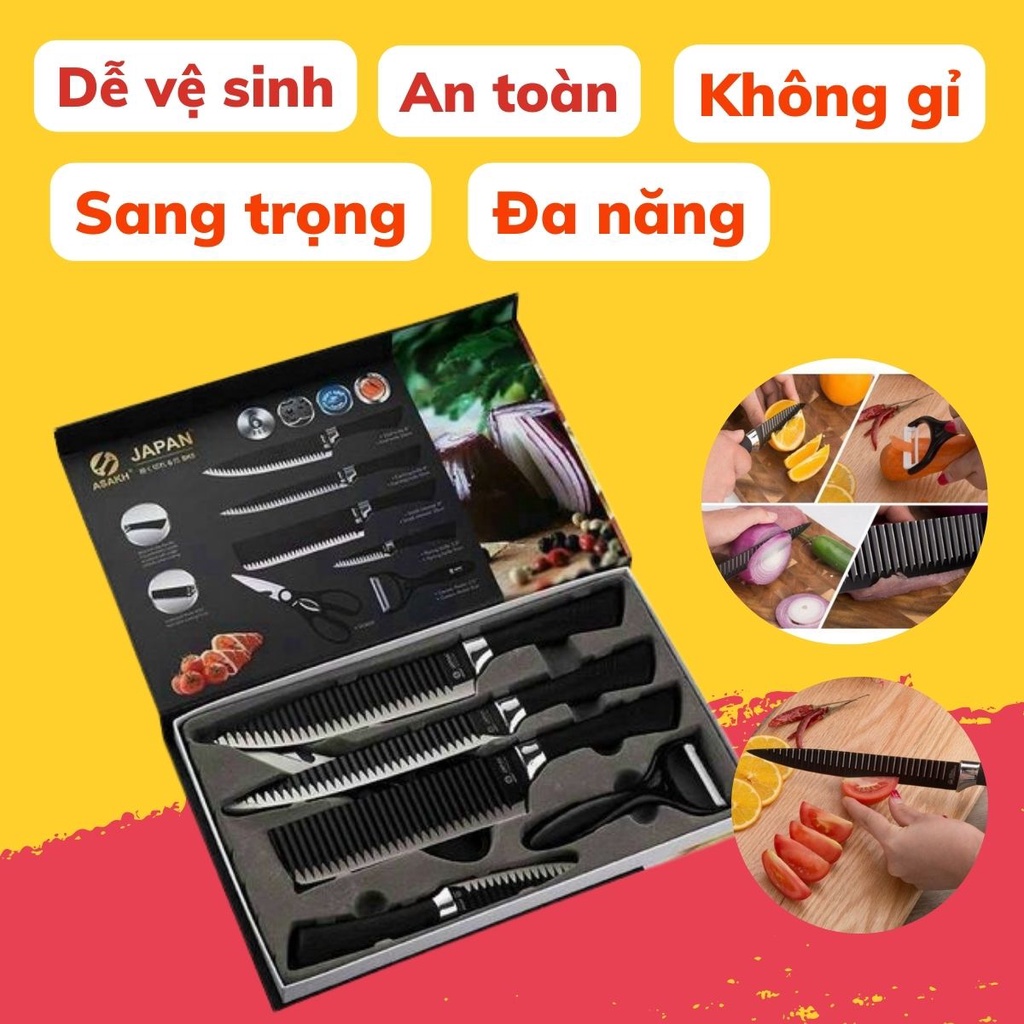 Bộ dao 6 món cao cấp có hộp - Chắc Chắn Sắc bén Đa Năng chuyên thái thức ăn lọc rau củ thịt để bàn ăn cao cấp