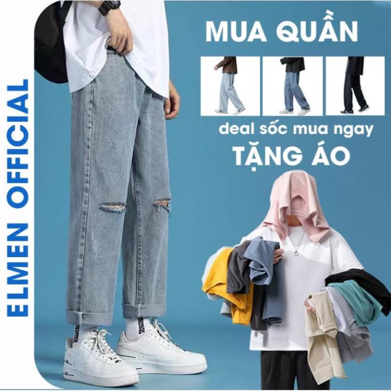 ☊☇☁Quần jean nam , baggy ống suông rộng, bò rách gối ELMEN hottrend 2022 Đẹp '