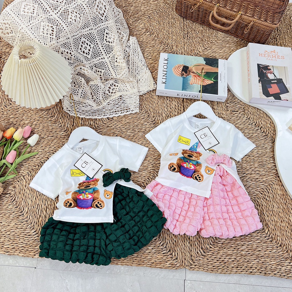 Quần áo cộc tay bé gái, set bộ quần xốp phồng ô vuông phối áo cotton xẻ tà hông cho bé
