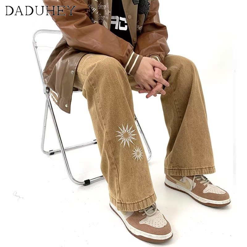 DaDuHey Men's Fashionable High Street Star Embroidery Jeans Ins Fashionable Brand and Loose Straight Casual Pants