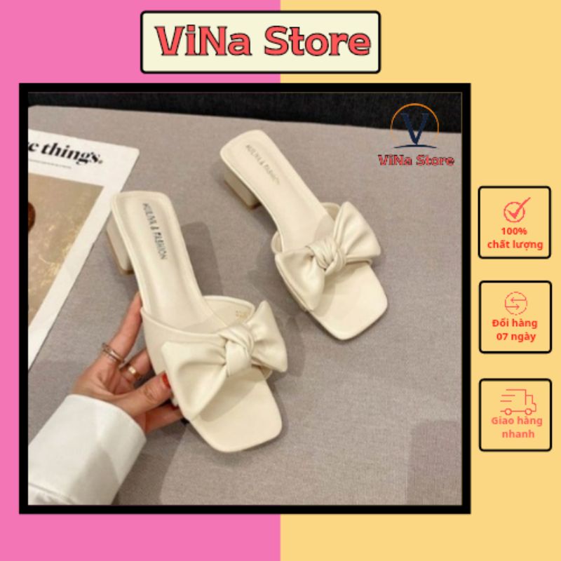 Guốc Dép Cao Gót Nữ Quai Nơ Đế Vuông 4P Siêu Xinh- mã SD36