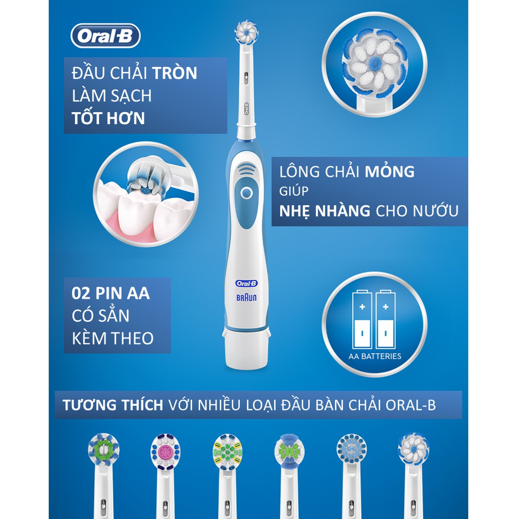 Bàn Chải Điện Dùng Pin Oral-B GumCare Clinical - Đầu Gum Care, Màu Trắng Xanh - Dùng Pin AA, Hẹn Giờ 2-Phút