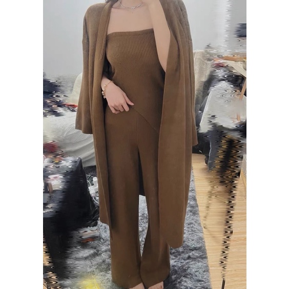 ( ORDER ) ( SẴN ) Set Len 3 Món Áo Ống Vạt Lệch & Quần Dài Ống Rộng & Áo Khoác Cardigan