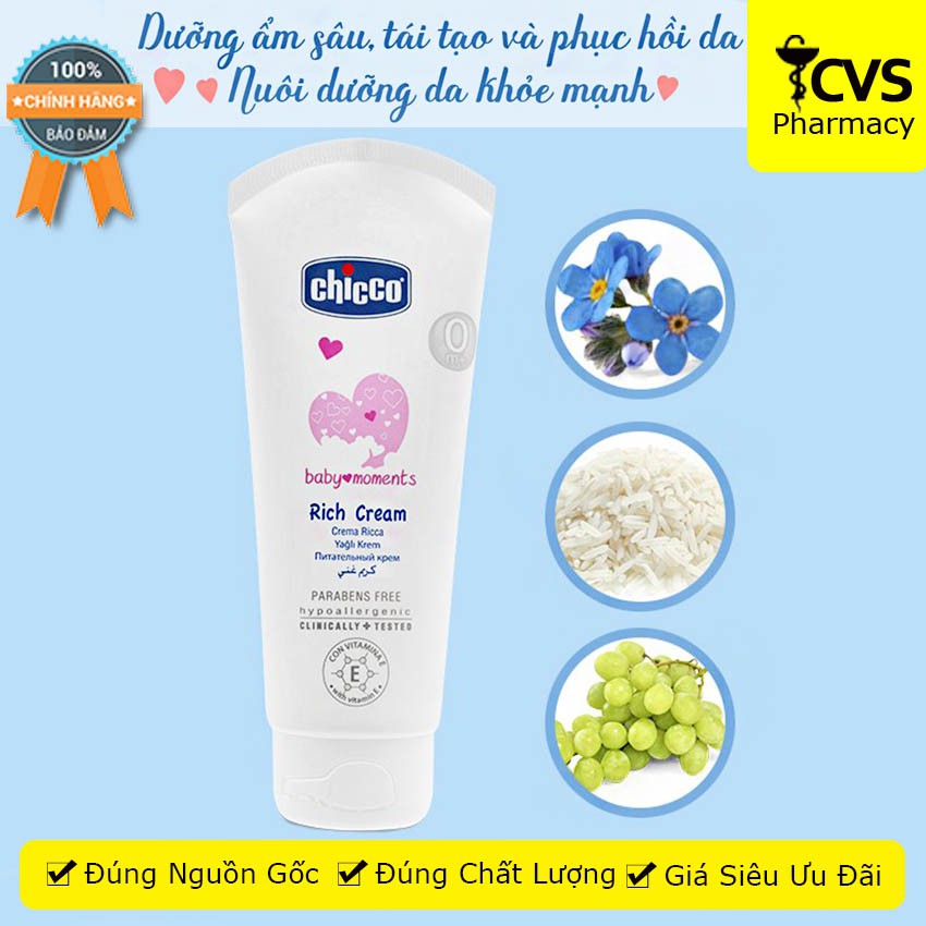 [CHICCO] Kem Dưỡng Ẩm Rich Cream Omega & Vitamin E 0M+ ngăn ngừa tình trạng khô nẻ da & dưỡng ẩm da - cvspharmacy