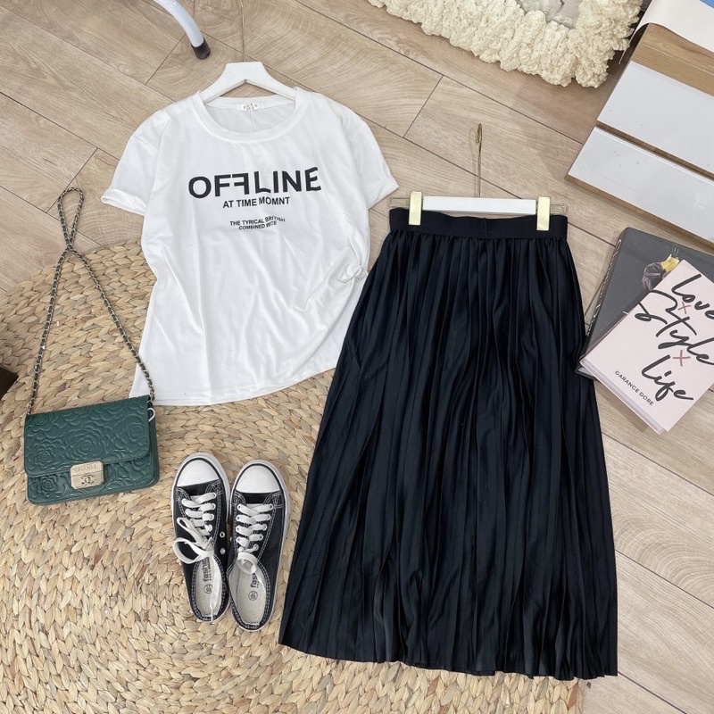 Set bộ áo phông OFF mix chân váy dập li xếp ly Áo cotton trắng váy midi dài đen