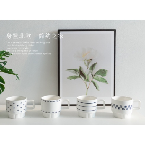 Cốc ly sứ họa tiết trắng xanh cao cấp dung tích 320ml phong cách Bắc Âu nhiều mẫu mã dùng để pha cà phê, trà - Ráp