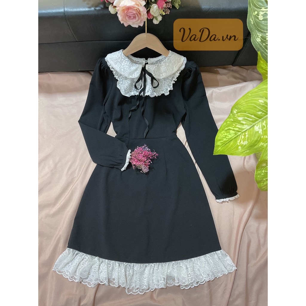 Đầm dự tiệc tay dài màu đen cổ sen tiểu thư, phối ren siêu yêu tại Thời trang VADA - V12 | BigBuy360 - bigbuy360.vn