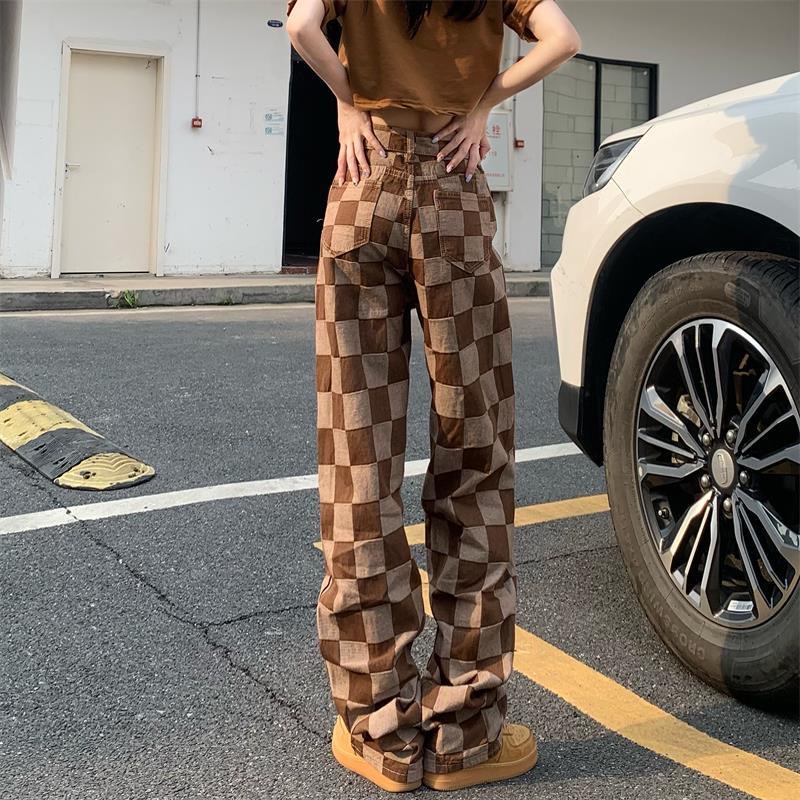 Quần Jean Nữ Lưng Cao Ống Rộng Họa Tiết Caro Phong Cách retro Mỹ