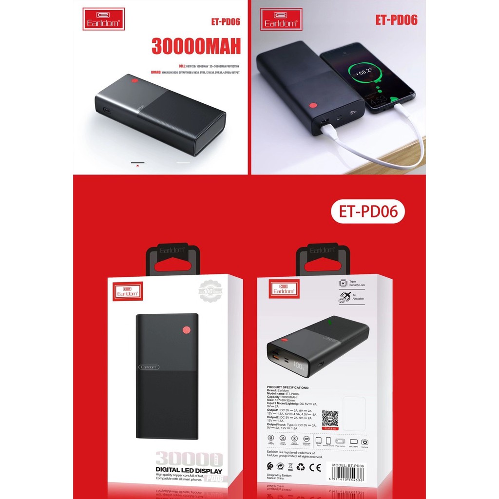 Sạc dự phòng Earldom, pin siêu khủng 30.000mAh PD – 06