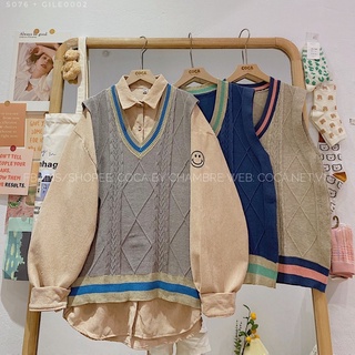 🍭 Áo gile len vặn thừng cổ V phối sọc màu form rộng