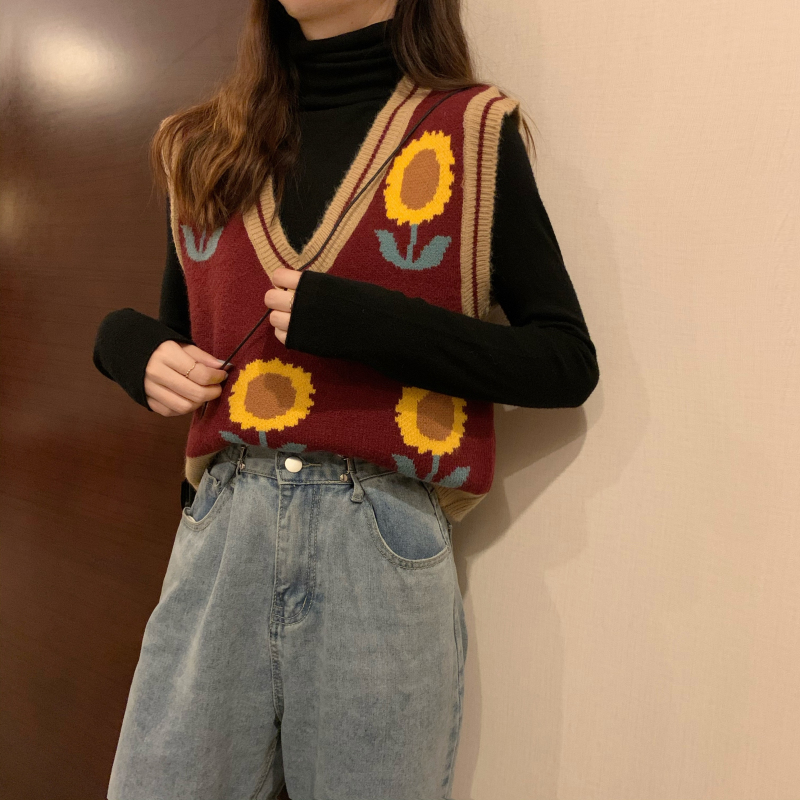 Áo Khoác Len Nữ Cộc Tay Cổ Chữ V Thêu Hoa Hướng Dương | BigBuy360 - bigbuy360.vn