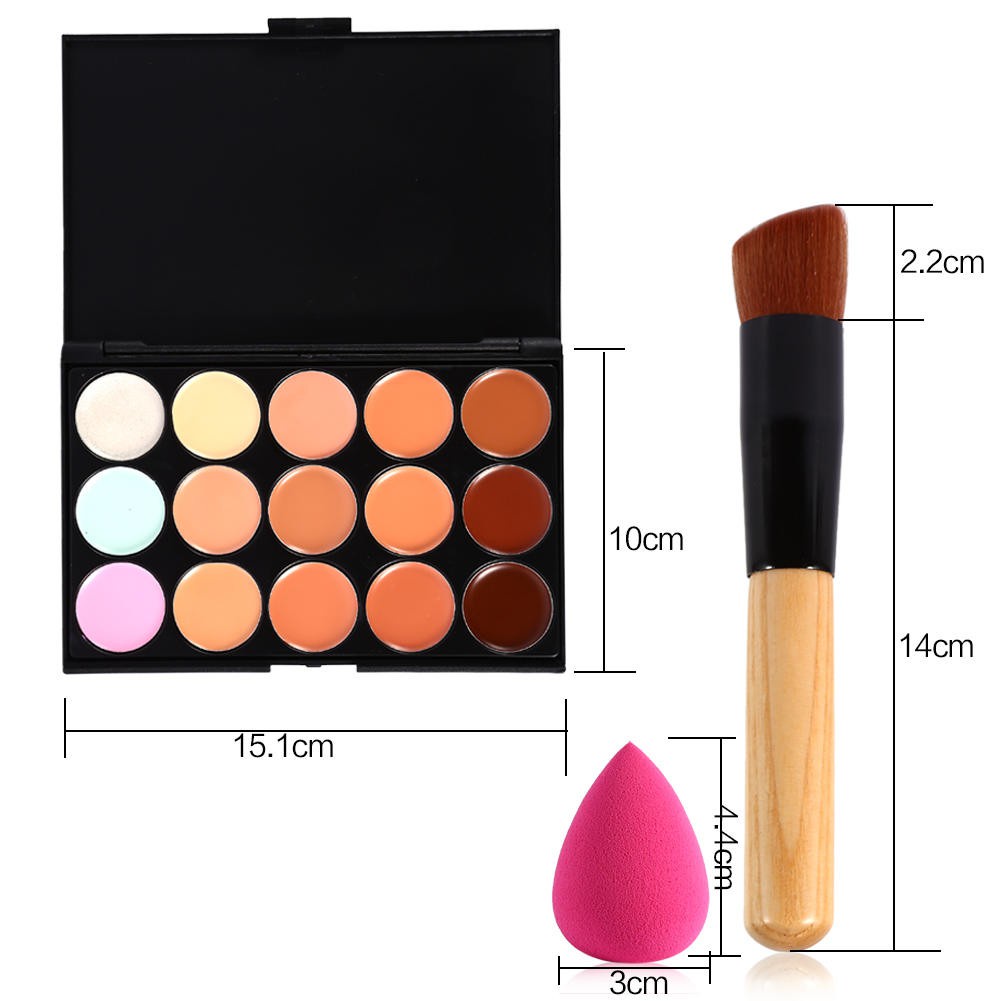 15Colors Concealer & Oblique Head Brush & Powder Puff Contour Palette Make Up Cosmetic Tool