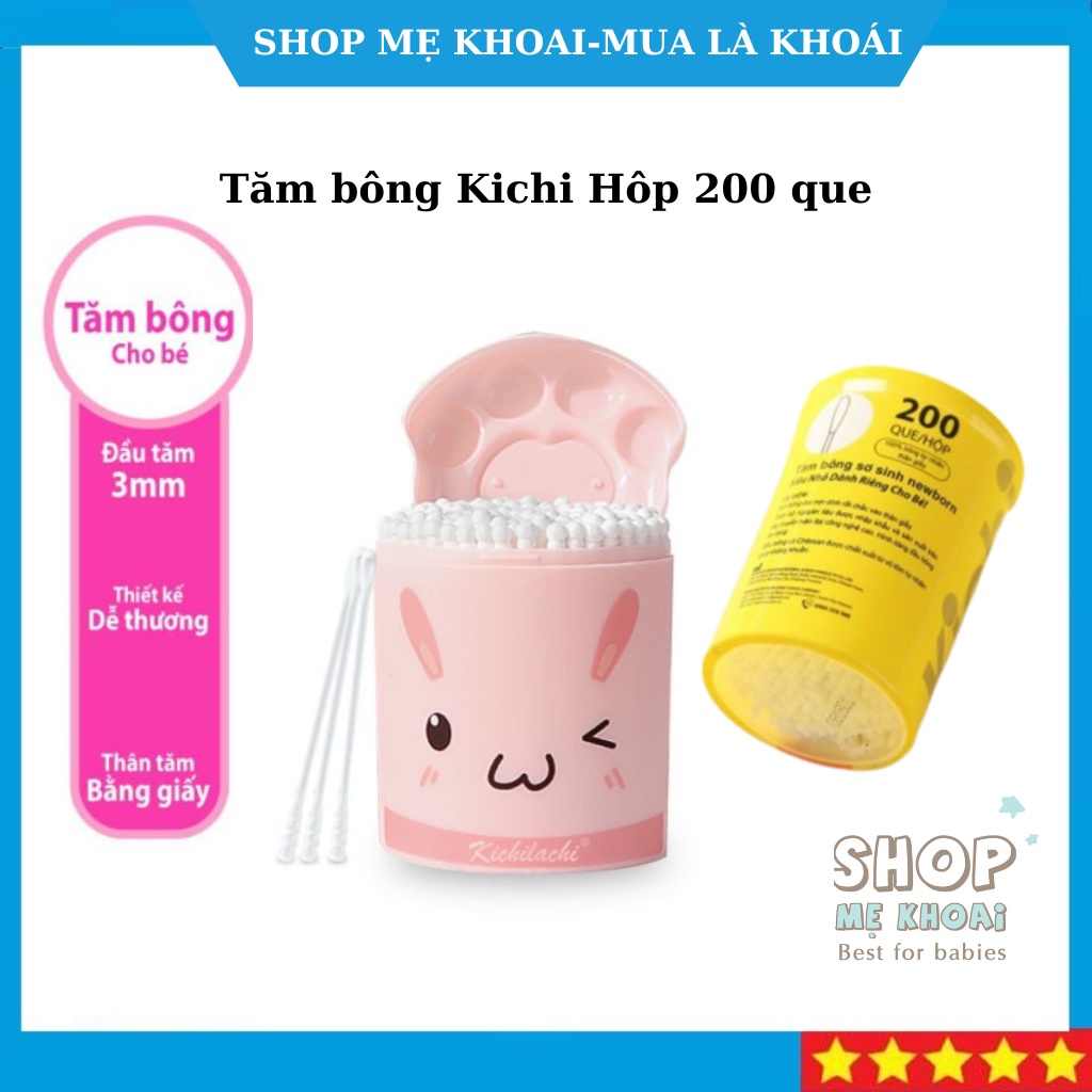Bông ngoáy tai, tăm bông ngoáy tai  Kichi hình thỏ dễ thương, kháng khuẩn lõi giấy cho bé sơ sinh ngoáy tai, mũi-Hộp 200