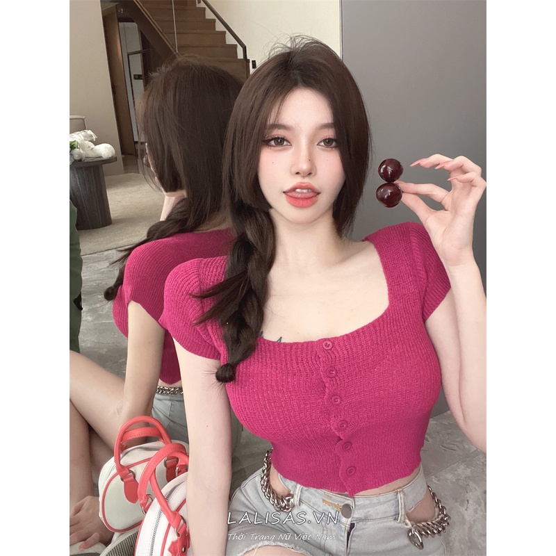 Áo kiểu dệt kim tay ngắn cổ vuông phong cách Hàn Quốc thời trang dành cho nữ