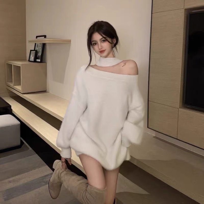 Váy len lông trắng mặc được 2 mặt trước và sau trễ vai cổ yếm ảnh thật khách feedback ghép ở video
