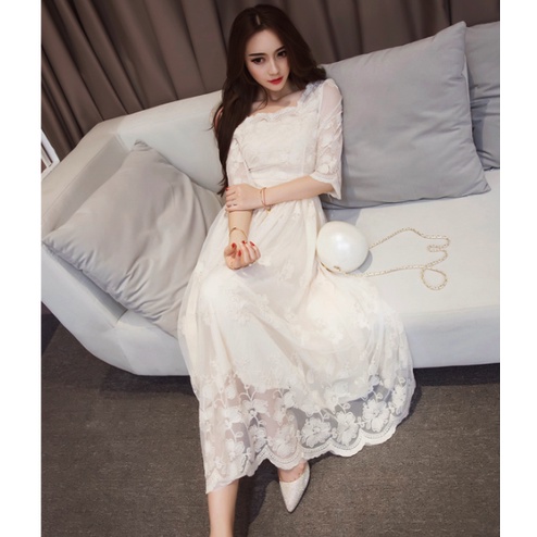 Váy ren cao cấp dáng dài hoa thêu cắt lazer đi biển đi dự tiệc đi làm hot trend 2022