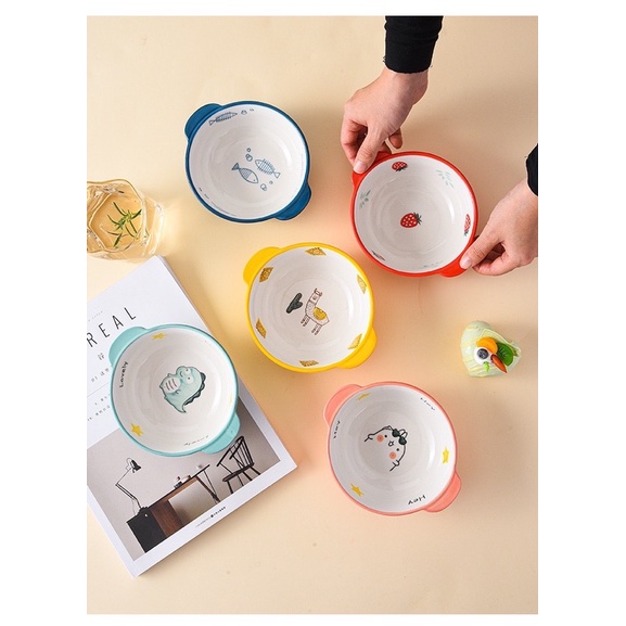 Chén sứ ngộ nghĩnh kèm thìa, bát ăn cháo, cơm cho bé, bát chè hình thú có 2 tai cầm siêu xinh