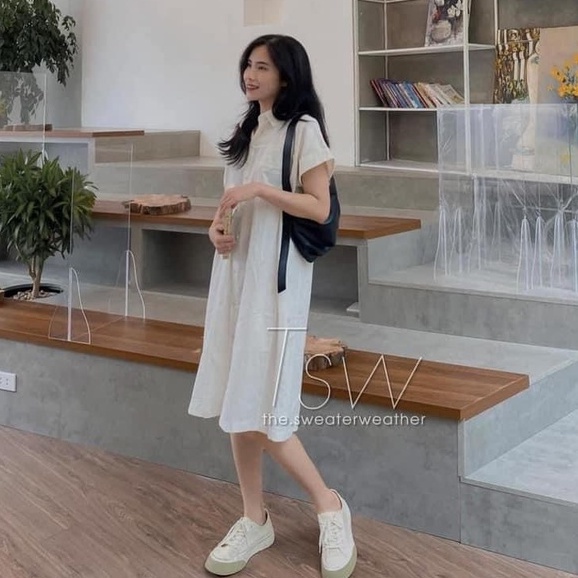 Váy Sơ Mi Ngắn Tay Ullzang Dáng Dài - Đầm Polo Cổ Bẻ 2 Túi Ngực Giả 4 Màu Dáng Rộng