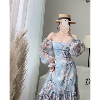 [ RẺ VÔ ĐỊCH ] Đầm Hoa Cổ Vuông Tay Phồng Dài Phong Cách Tiểu Thư Nữ Tính Thời Trang Nữ Xinh