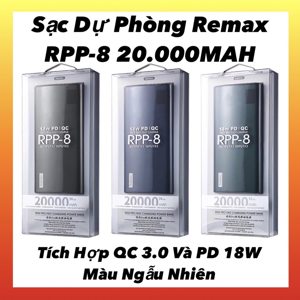 Sạc dự phòng polymer Remax RPP-8 20000mAh tích hợp QC 3.0 và PD 18W