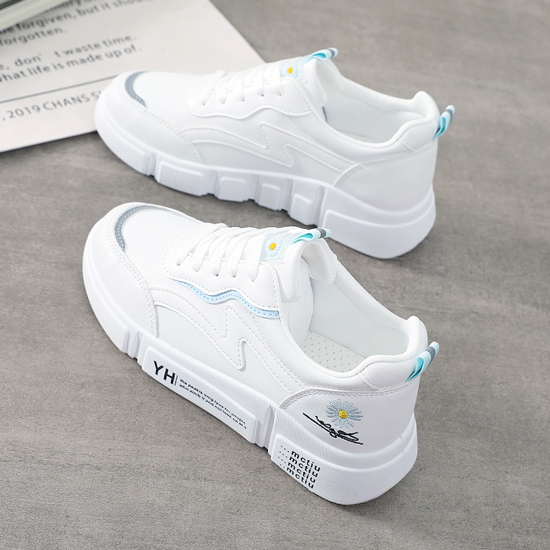 Giày Da Nữ, Giày Sneaker Da Nữ G44 Màu Trắng Đế Cao Thêu Hoa Phong Cách Hàn Quốc Đi Học Đi Chơi