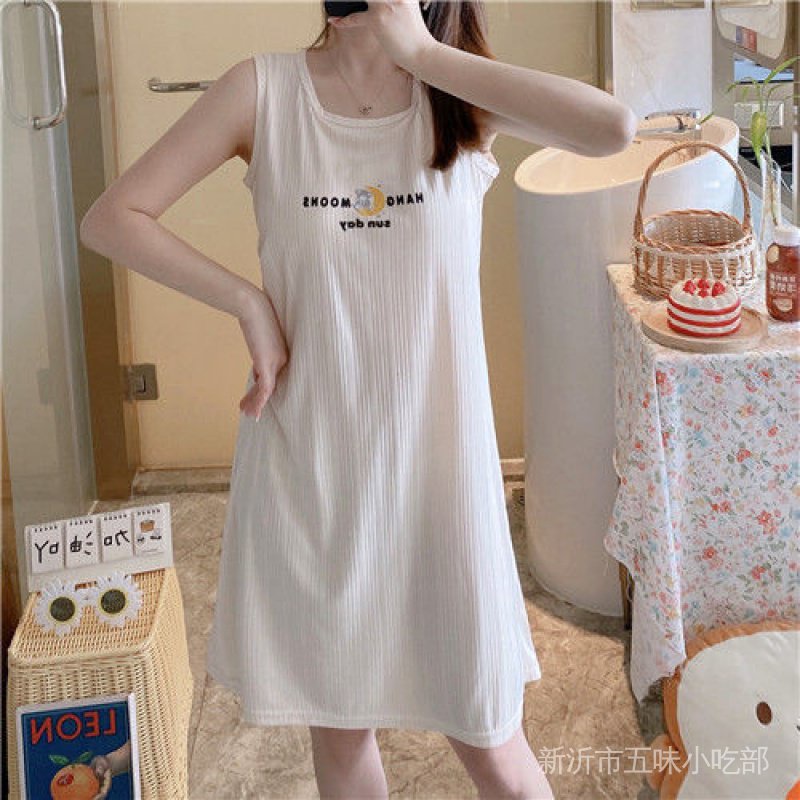 Đầm Ngủ Không Tay Có Mút Đệm Ngực Họa Tiết Hoạt Hình Phong Cách Hàn Quốc Cho Nữ
